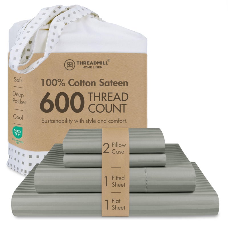 Threadmill 100% Cotton Sheets for Full Size Bed - 600 Thread Count Full Bed Sheets Set with 16â€ Deep Pocket - Damask Stripe Sateen Weave 4-Piece Bedding Set with Cooling Effect, Moonrock Grey - Image 1